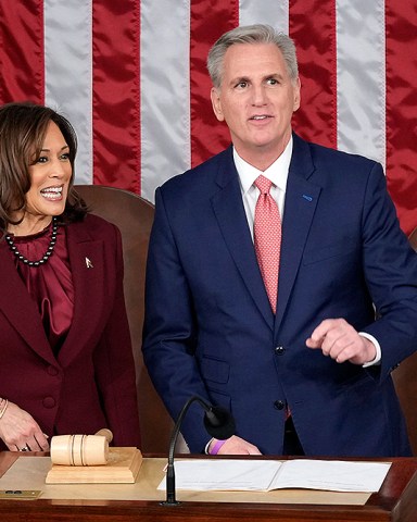 Vice President Kamala Harris talks with House Speaker Kevin McCarthy of Calif., before President Joe Biden delivers the State of the Union address to a joint session of Congress at the U.S. Capitol, in Washington
State of the Union, Washington, United States - 07 Feb 2023