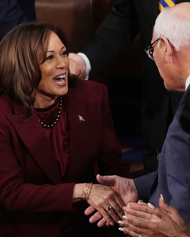 Vice President Kamala Harris is greeted by members as she arrives before President Joe Biden's State of the Union address to a joint session of Congress in Washington, DC, on Tuesday, February 7, 2023. Biden is expected to tout his economic achievements over the past two years and outline the national budget that he will send to Congress on March 9.
President Biden State of the Union Address, Washington, District of Columbia, United States - 07 Feb 2023