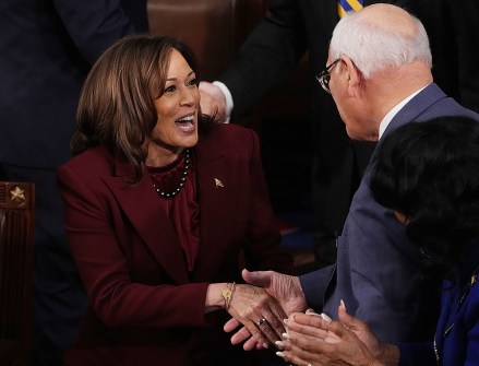 Vice President Kamala Harris is greeted by members as she arrives ahead of President Joe Biden's State of the Union address before a joint session of Congress in Washington, DC, on Tuesday, February 7, 2023. Biden is expected to showcase his economic achievements over the past two years and outline the national budget he will send to Congress on March 9. State of the Union address by Mr. President Biden, Washington, District of Columbia, USA - February 7, 2023