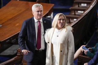 Rep. Marjorie Taylor Greene, R-Ga., and Rep. James Comer Jr., R-Ky., arrive before President Joe Biden delivers the State of the Union address to a joint session of Congress at the U.S. Capitol, in Washington
State of the Union, Washington, United States - 07 Feb 2023
