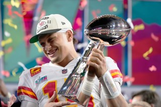 Kansas City Chiefs quarterback Patrick Mahomes (15) holds the trophy after their win against the Philadelphia Eagles in the NFL Super Bowl 57 football game, in Glendale, Ariz. The Kansas City Chiefs defeated the Philadelphia Eagles 38-35
Super Bowl Football, Glendale, United States - 12 Feb 2023
