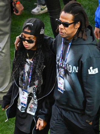 Rapper Jay-Z walks the sideline with his daughter Blue Ivy Carter before the Philadelphia Eagles play the Kansas City Chiefs in Super Bowl LVII at State Farm Stadium in Glendale, Arizona, on Sunday, February 12, 2023. Super Bowl Lvii, Glendale, Arizona , United States - 12 Feb 2023