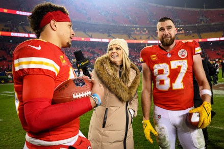 Kansas City Chiefs quarterback Patrick Mahomes, left, and Chiefs tight end Travis Kelce (87) are interviewed by Melissa Stark after their win over the Jacksonville Jaguars in an NFL divisional round playoff football game, in Kansas City, Mo
Jaguars Chiefs Football, Kansas City, United States - 21 Jan 2023