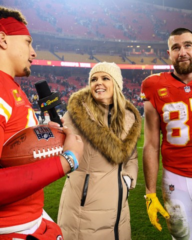 Kansas City Chiefs quarterback Patrick Mahomes, left, and Chiefs tight end Travis Kelce (87) are interviewed by Melissa Stark after their win over the Jacksonville Jaguars in an NFL divisional round playoff football game, in Kansas City, Mo
Jaguars Chiefs Football, Kansas City, United States - 21 Jan 2023