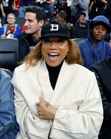 INGLEWOOD, CALIFORNIA - APRIL 26: Queen Latifah attends Game Four of the Western Conference First Round NBA Playoffs between the Los Angeles Clippers and the Denver Nuggets with his family at Intuit Dome on April 26, 2025 in Inglewood, California. NOTE TO USER: User expressly acknowledges and agrees that, by downloading and or using this photograph, User is consenting to the terms and conditions of the Getty Images License Agreement. (Photo by Kevork Djansezian/Getty Images)