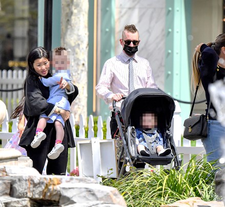 EXCLUSIVE: Macaulay Culkin and Brenda Song were spotted meeting with the Easter Bunny in Los Angeles, CA. The two lovebirds were all smiles as they visited the Grove with their two boys, Dakota, & newborn Carson, for some Easter family photos. The 'Home Alone' star also tried staying undercover with a mask but occasionally pulled It down to take a puff of his vape while waiting in line to meet the Easter Bunny. **SPECIAL INSTRUCTIONS*** Please pixelate children's faces before publication.***. 06 Apr 2023 Pictured: Macaulay Culkin & Brenda Song were spotted meeting with the Easter Bunny in Los Angeles, CA. The two lovebirds were all smiles as they visited the Grove with their two boys, Dakota, & newborn Carson, for some Easter family photos. The 'Home Alone' star also tried staying undercover with a mask but occasionally pulled It down to take a puff of his vape while waiting in line to meet the Easter Bunny. Photo credit: @CelebCandidly / MEGA TheMegaAgency.com +1 888 505 6342 (Mega Agency TagID: MEGA966455_028.jpg) [Photo via Mega Agency]
