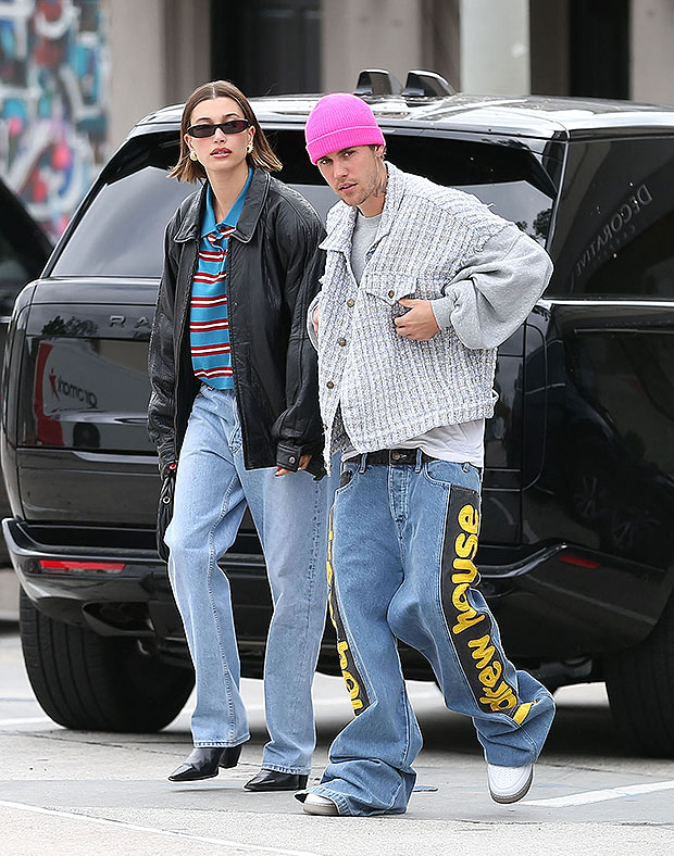 Hailey Baldwin's Oversize Striped Coat With Justin Bieber