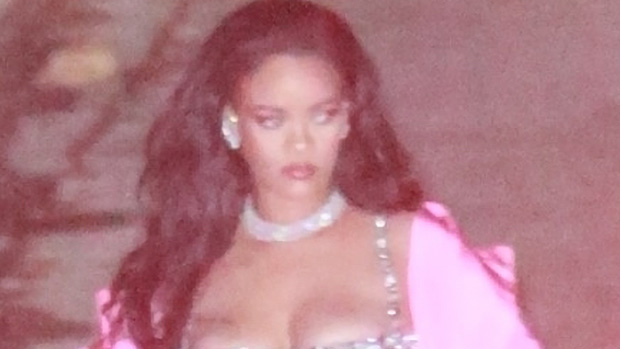 Rihanna Puts Baby Bump On Display In Plunging Sequin Crop Top & Skirt At Oscars After-Party