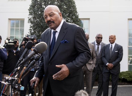 NFL great Jim Brown speak to the media after President Donald Trump pardoned ex-San Francisco 49ers owner Edward DeBartolo Jr., at the White House in Washington, D.C. on Tuesday, February 18, 2020. DeBartolo was convicted in a gambling fraud scandal in 1998.
Supporters speak after President Trump Pardoned ex-San Francisco 49ers owner DeBartolo Jr. at the White House, Washington, District of Columbia, United States - 18 Feb 2020