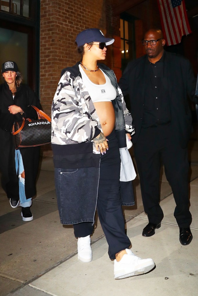 Rihanna In A Crop Top & A Camo Jacket