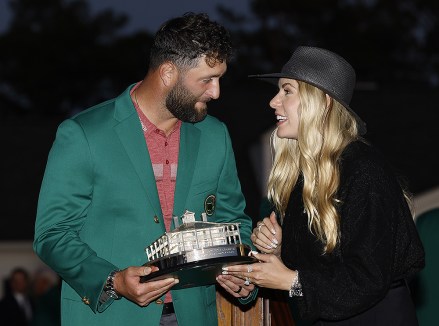 Jon Rahm shares Masters trophy with wife Kelly after the final round at the 87th Masters tournament at Augusta National Golf Club in Augusta, Georgia on Sunday, April 9, 2023. Rahm won the tourney scoring a 12 under par 276.
2023 Masters, Augusta, Georgia, United States - 09 Apr 2023