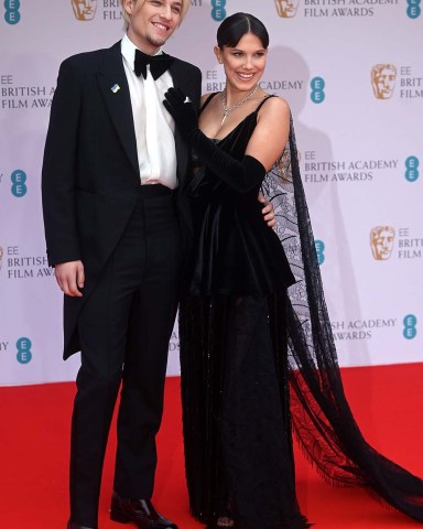 Jake Bongiovi (L) and Millie Bobby Brown (R) attend the 2022 EE BAFTA Film Awards at the Royal Albert Hall in London, Britain, 13 February 2022. The ceremony is hosted by the British Academy of Film and Television Arts (BAFTA) and is the first in-person event since the start of the pandemic.
Arrivals - 2022 EE BAFTA Awards Ceremony 2022, London, United Kingdom - 13 Mar 2022