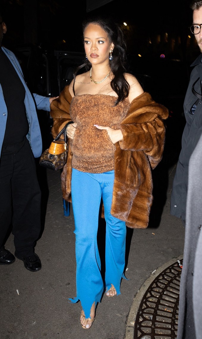 Pregnant Rihanna leaves the Bulgari Hotel for dinner in Paris