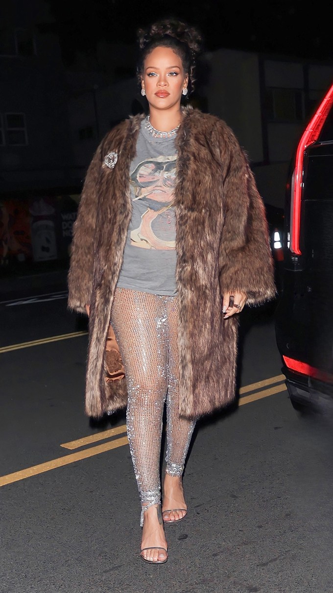 Rihanna Rocks Sequined Pants & A Fur Coat