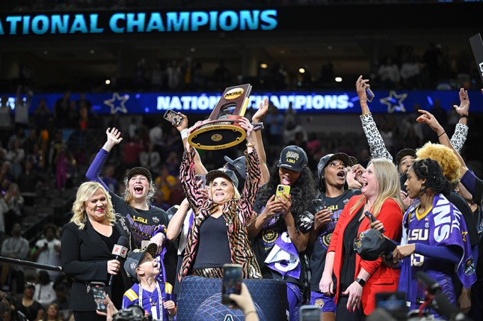 Kim Mulkey Wins NCAA Championship in a Nadine Merabi Suit