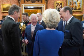 King Charles III (centre) shares a joke with the President of the European Commission Ursula von der Leyen, during a reception at Buckingham Palace, in London, for overseas guests attending his coronation.
Royal Family hosts reception for overseas guests, Buckingham Palace, London, UK - 05 May 2023