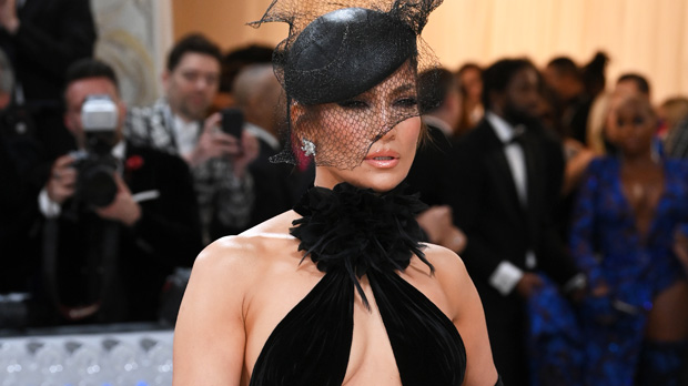 Jennifer Lopez Rocks Plunging Cutout Black & Pink Gown With Pillbox Hat At 2023 Met Gala