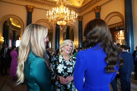 The Princess of Wales speaks (right) talks with the First Lady of the United States, Jill Biden and her grand daughter Finnegan Biden, during a reception at Buckingham Palace, in London, for overseas guests attending the coronation of King Charles III.
Royal Family hosts reception for overseas guests, Buckingham Palace, London, UK - 05 May 2023