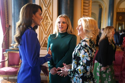 The Princess of Wales speaks (left) talks with the First Lady of the United States, Jill Biden and her grand daughter Finnegan Biden, during a reception at Buckingham Palace, in London, for overseas guests attending the coronation of King Charles III.
Royal Family hosts reception for overseas guests, Buckingham Palace, London, UK - 05 May 2023