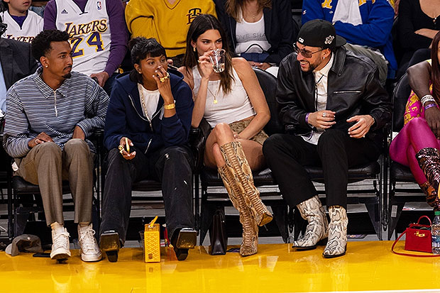 Kendall and Bad Bunny at the Lakers vs. Warriors game in Los