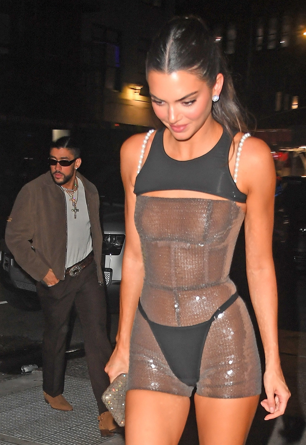 New York, NY - Model Kendall Jenner leaves little to the imagination while heading to a private residence with her boyfriend Bad Bunny after the Met Gala in New York. Pictured: Bad Bunny, Kendall Jenner BACKGRID USA 1 MAY 2023 BYLINE MUST READ: JosiahW / BACKGRID USA: +1 310 798 9111 / usasales@backgrid.com UK: +44 208 344 2007 / uksales@backgrid.com *UK Clients - Pictures Containing Children Please Pixelate Face Prior To Publication*