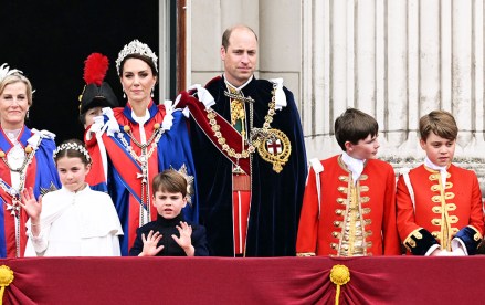 Prince William, Catherine Princess of Wales, Prince George, Princess Charlotte and Prince Louis on the balcony of Buckingham Palace The coronation of King Charles III, London, UK - May 06, 2023 