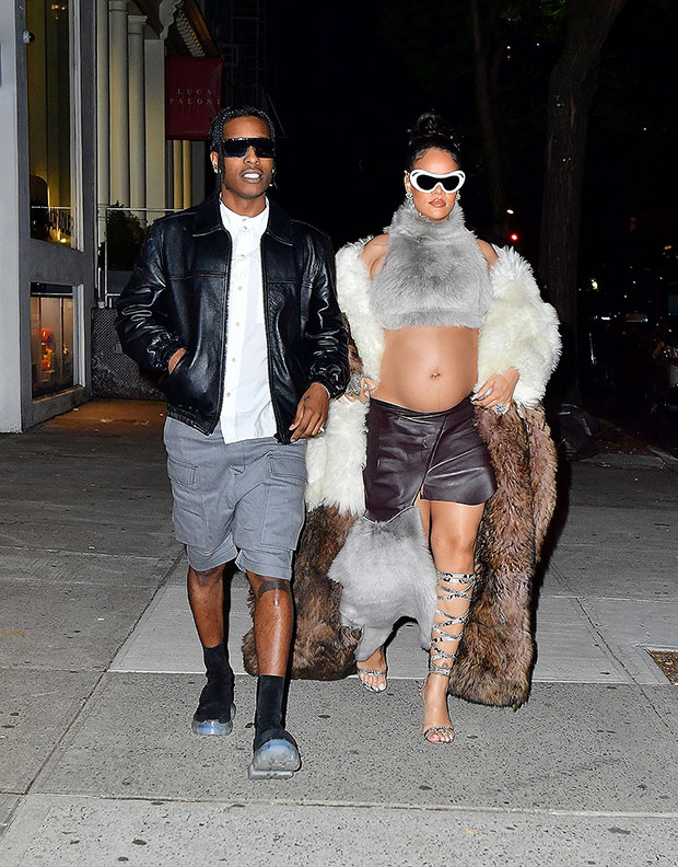 Pregnant Rihanna’s Fur Crop Top & Leather Skirt With ASAP Rocky Photos ...