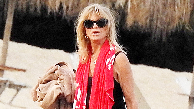 Goldie Hawn looks ageless in black bathing suit during Greece, goldie gold  one piece 