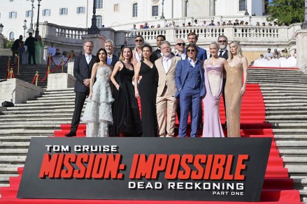 (From L back row) British actor Cary Elwes, Canadian actor Henry Czerny, US actor Esai Morales, US actor Greg Tarzan Davis, British actor Simon Pegg, British actor Frederick Schmidt, US actor Shea Whigham (from L first row) Cuban, Italian and US actress Mariela Garriga, Swedish actress Rebecca Ferguson, British-US actress Hayley Atwell, US film director Christopher McQuarrie, US producer and actor Tom Cruise, French actress Pom Klementieff and British actress Vanessa Kirby pose during a photocall for the movie 'Mission: Impossible - Dead reckoning Part 1' at Spanish Steps in Piazza di Spagna, Rome, Italy, 19 June 2023.
Tom Cruise in Rome for latest 'Mission: Impossible' photocall, Italy - 19 Jun 2023