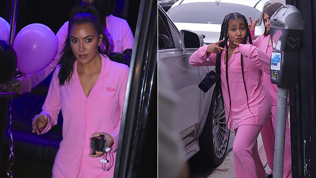 Kim Kardashian wearing skims pink pajamas click to shop