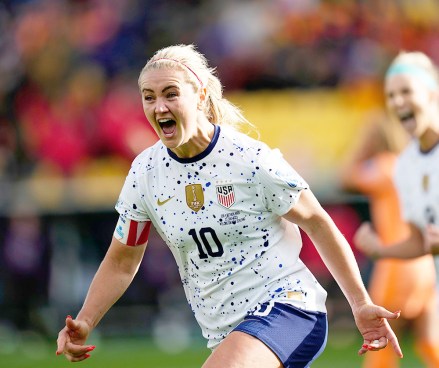 RESTRICTED TO EDITORIAL USEMandatory Credit: Photo by Jose Breton/NurPhoto/Shutterstock (14023559aw)Lindsey Horan of USA and Olympique Lyonnais celebrates after scoring her sides first goal during the FIFA Women's World Cup Australia & New Zealand 2023 Group E match between USA and Netherlands at Wellington Regional Stadium on July 27, 2023 in Wellington, New Zealand.USA v Netherlands: Group E - FIFA Women's World Cup Australia & New Zealand 2023, Wellington - 27 Jul 2023