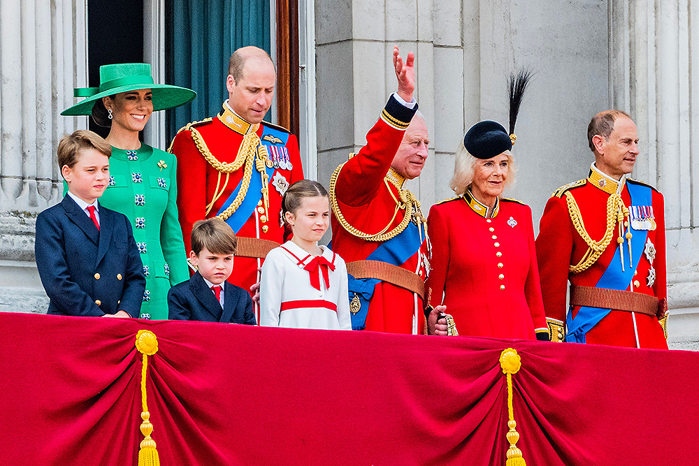 The Royal Family (including the King, Queen, Prince and Princess of Wales, Duke of Edinburgh, Prince George and Louis and Princess Charlotte) on the balcony - The flypast at the Palace - Trooping the Colour for King Charles III official birthday. For the first time in more than thirty years, the regiments taking part will include all five regiments of the Foot Guards. Also on parade will be the Household Cavalry Mounted Regiment made up of The Life Guards and The Blues and Royals who together will provide the Sovereign's Escort; and The King's Troop Royal Horse.Trooping the Colour., The Mall, London, UK - 17 Jun 2023