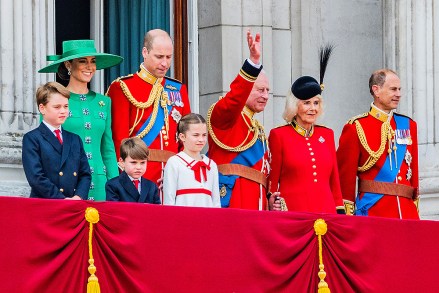 The Royal Family (including the King, Queen, Prince and Princess of Wales, Duke of Edinburgh, Prince George and Louis and Princess Charlotte) on the balcony - The flypast at the Palace - Trooping the Colour for King Charles III official birthday. For the first time in more than thirty years, the regiments taking part will include all five regiments of the Foot Guards. Also on parade will be the Household Cavalry Mounted Regiment made up of The Life Guards and The Blues and Royals who together will provide the Sovereign's Escort; and The King's Troop Royal Horse.
Trooping the Colour., The Mall, London, UK - 17 Jun 2023