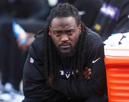 Injured Baltimore Ravens RB Alex Collins (34) pictured during the AFC Wildcard playoff game against the Los Angeles Chargers at M&T Bank Stadium in Baltimore, MD on Photo/ Mike Buscher / Cal Sport Media
NFL Chargers vs Ravens, Baltimore, USA - 06 Jan 2019