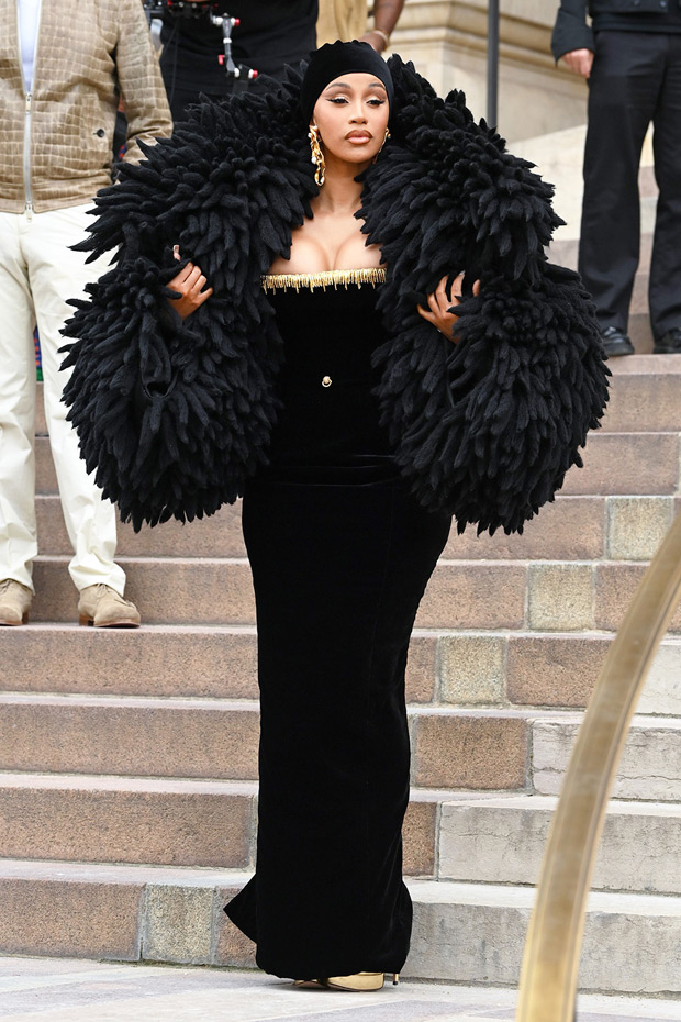 Cardi B Wears Strapless Gown With Head Scarf To Paris Fashion Week
