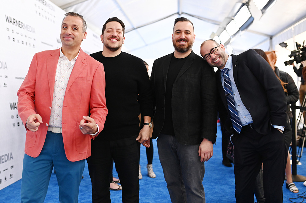  (L-R) Joe Gatto, Sal Vulcano, Brian Quinn James Murray of truTVs Impractical Jokers and TBSs Misery Index attend the WarnerMedia Upfront 2019 arrivals on the red carpet at The Theater at Madison Square Garden on May 15, 2019 in New York City. 602140 (Photo by Mike Coppola/Getty Images for WarnerMedia)