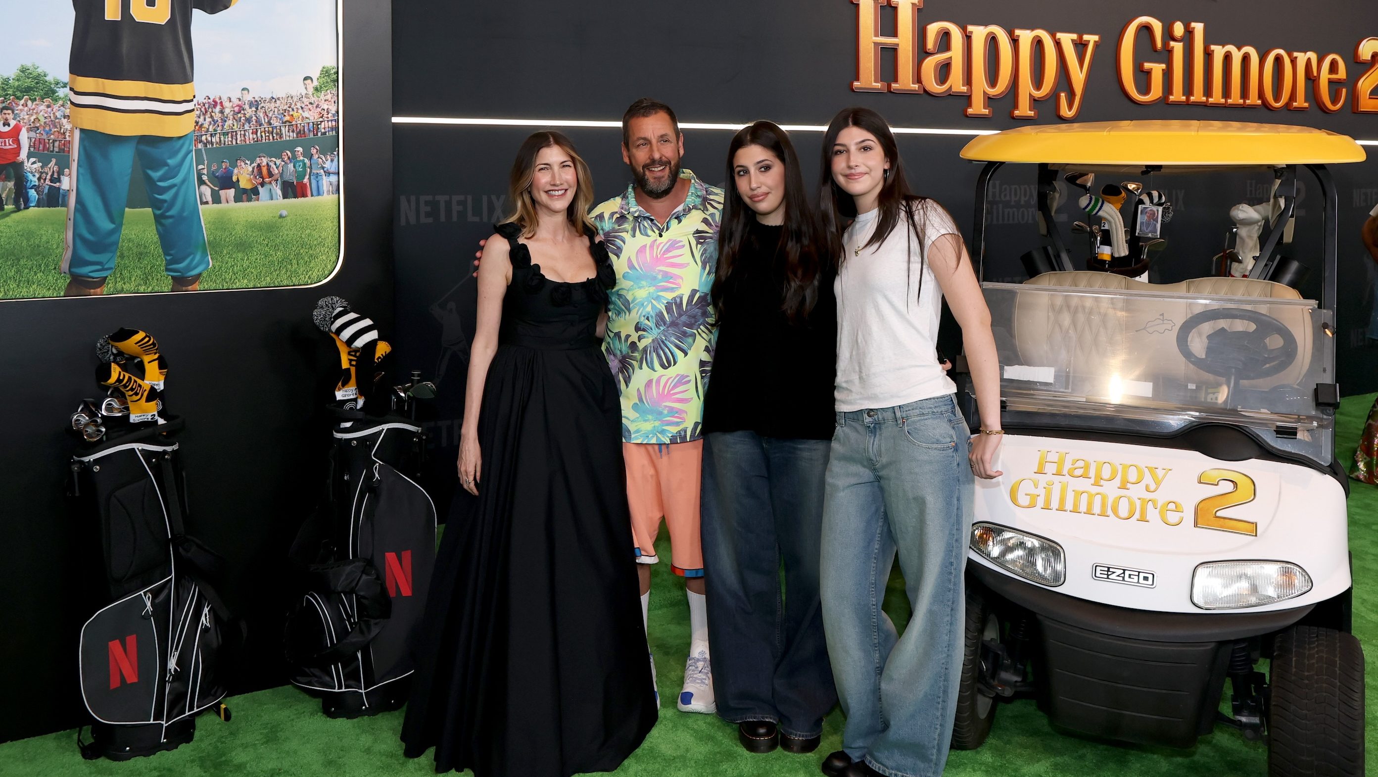 NEW YORK, NEW YORK - JULY 21: (L-R) Jackie Sandler, Adam Sandler, Sadie Sandler and Sunny Sandler attend the Happy Gilmore 2 World Premiere at Jazz at Lincoln Center on July 21, 2025 in New York City. (Photo by Kevin Mazur/Kevin Mazur/Getty Images for Netflix)