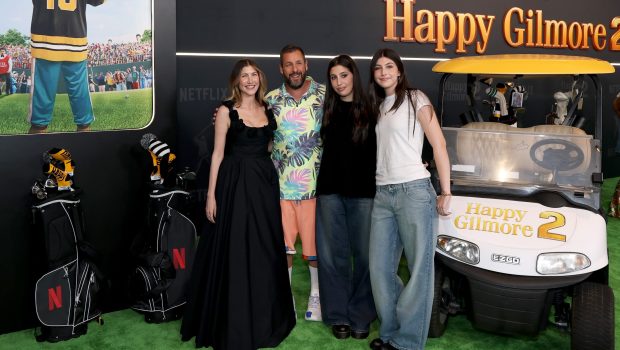 NEW YORK, NEW YORK - JULY 21: (L-R) Jackie Sandler, Adam Sandler, Sadie Sandler and Sunny Sandler attend the Happy Gilmore 2 World Premiere at Jazz at Lincoln Center on July 21, 2025 in New York City. (Photo by Kevin Mazur/Kevin Mazur/Getty Images for Netflix)