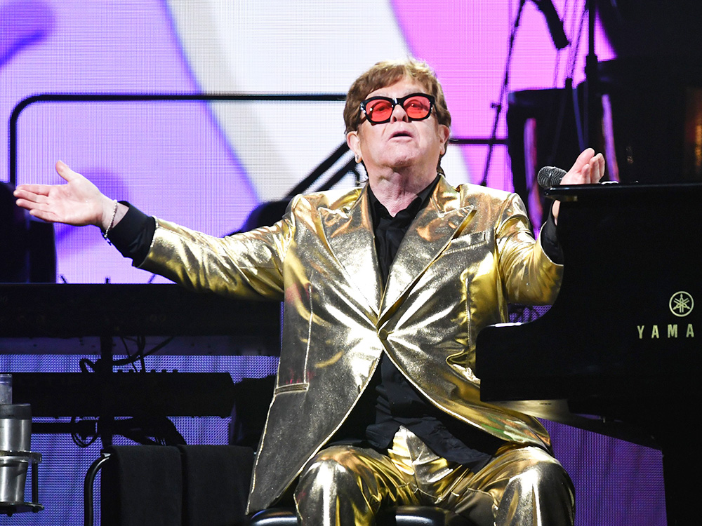 Elton John performs on the Pyramid stage at Glastonbury Festival, Day 5, UK - 25 Jun 2023