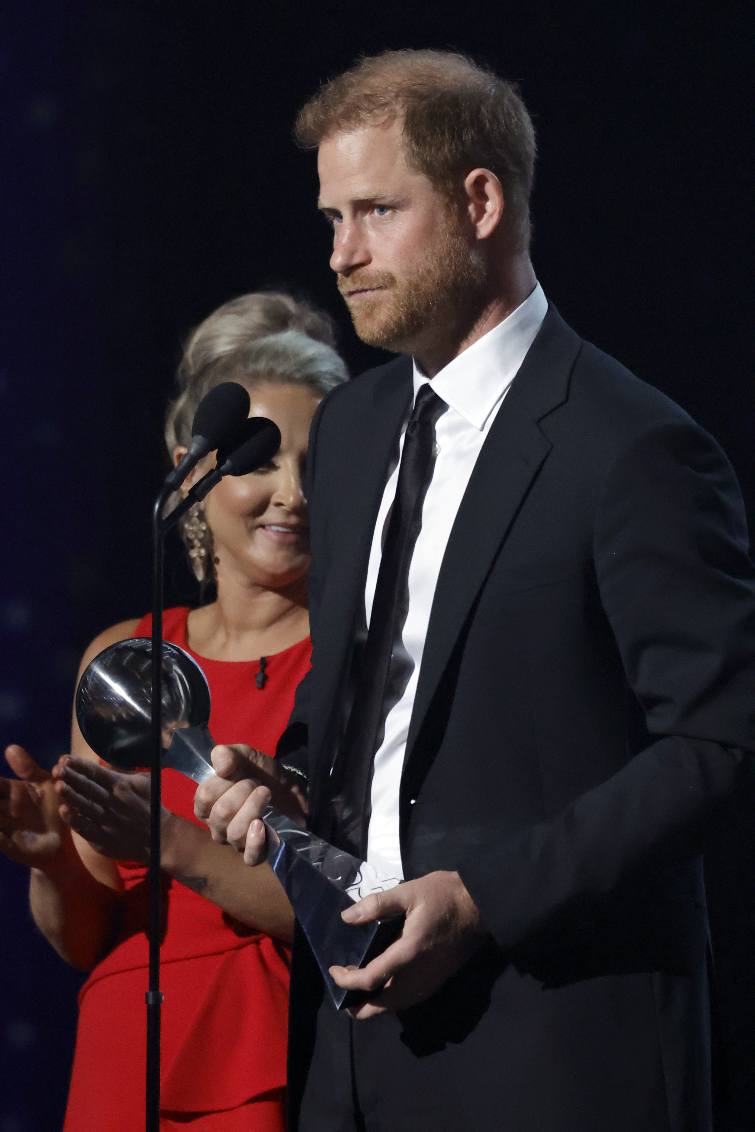 HOLLYWOOD, CALIFORNIA - JULY 11: Prince Harry, Duke of Sussex accepts the Pat Tillman Award onstage during the 2024 ESPY Awards at Dolby Theatre on July 11, 2024 in Hollywood, California.  (Photo by Frazer Harrison/Getty Images)