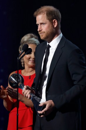 HOLLYWOOD, CALIFORNIA - JULY 11: Prince Harry, Duke of Sussex accepts the Pat Tillman Award onstage during the 2024 ESPY Awards at Dolby Theatre on July 11, 2024 in Hollywood, California.  (Photo by Frazer Harrison/Getty Images)
