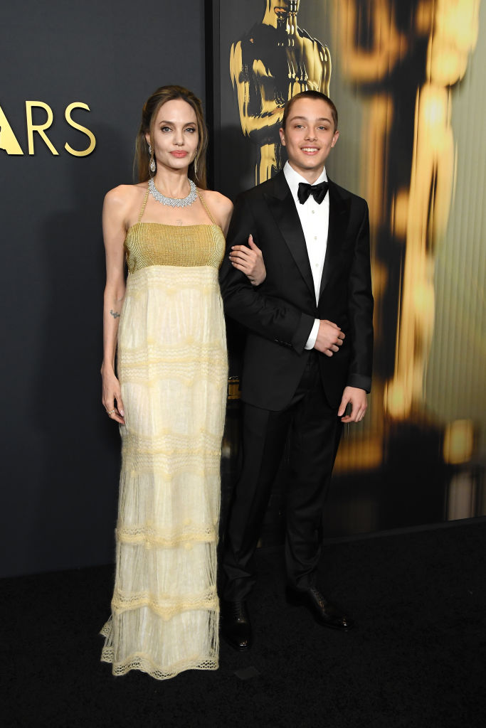 HOLLYWOOD, CALIFORNIA - NOVEMBER 17: Angelina Jolie and Knox Jolie-Pitt arrives at the 2024 Governors Awards at Dolby Theatre on November 17, 2024 in Hollywood, California.  (Photo by Steve Granitz/FilmMagic)