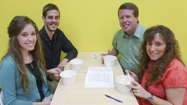 Jill Duggar and Derick Dillard sitting next to Jim Bob and Michelle Duggar