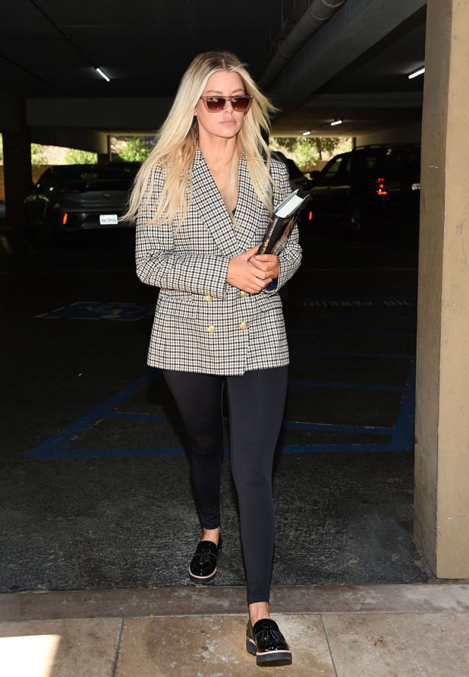 Ariana Madix Leaving A Breakfast Meeting In Black Leggings And Franco Sarto Shoes