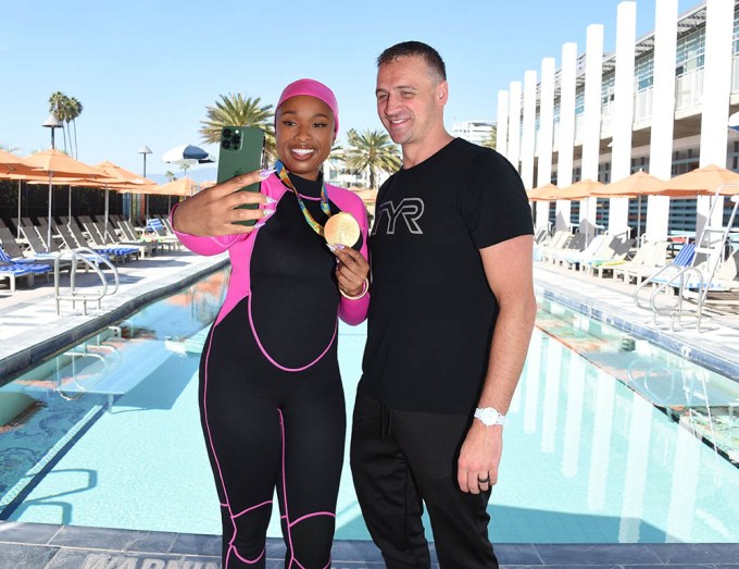 12-time Olympic medalist Ryan Lochte teaches host Jennifer Hudson to swim on WB Unscripted TV’s “The Jennifer Hudson Show.”