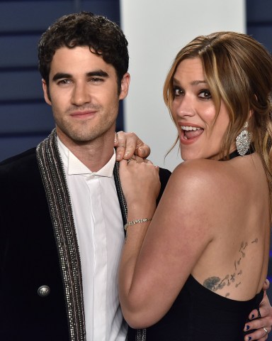 Darren Criss (L) and Mia Swier arrive for the Vanity Fair Oscar Party at the Wallis Annenberg Center for the Performing Arts in Beverly Hills, California on February 24, 2019.Academy Awards 2019, Beverly Hills, California, United States - 25 Feb 2019