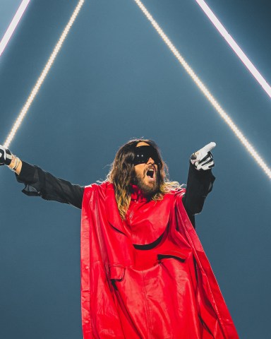 HELSINKI, FINLAND - OCTOBER 1: Jared Leto of Thirty Seconds to Mars performs at Helsinki Ice Hall on October 1, 2024 in Helsinki, Finland.  (Photo by Venla Shalin/Redferns)