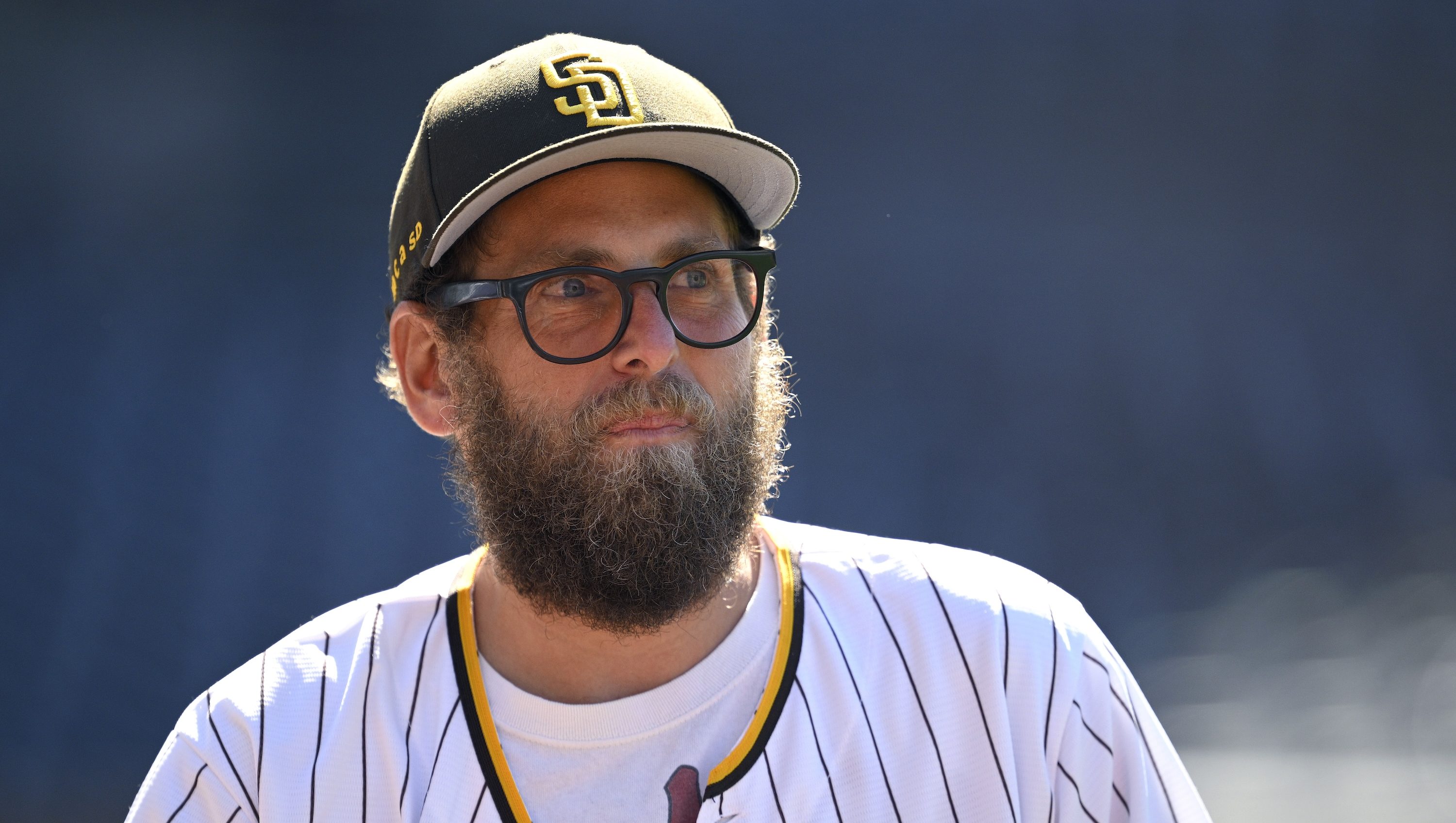 SAN DIEGO, CALIFORNIA - JULY 30: Actor Jonah Hill looks on after the game between the San Diego Padres and the New York Mets at Petco Park on July 30, 2025 in San Diego, California. (Photo by Orlando Ramirez/Getty Images)