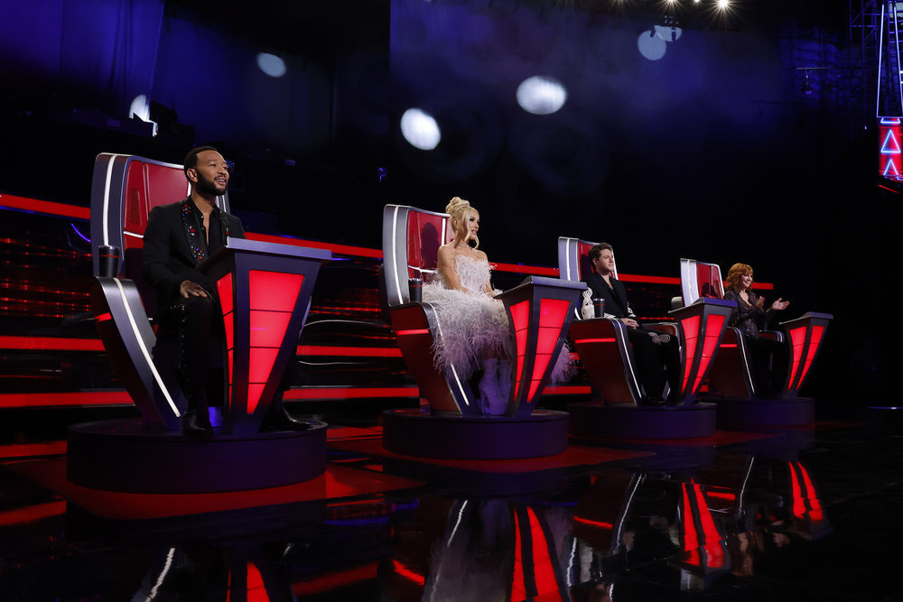 THE VOICE -- "Live Finale Part 1” Episode 2422A -- Pictured: (l-r) John Legend, Gwen Stefani, Niall Horan, Reba McEntire -- (Photo by: Trae Patton/NBC)