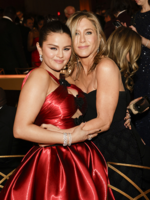 Selena Gomez and Jennifer Aniston at the 81st Annual Golden Globe Awards, airing live from the Beverly Hilton in Beverly Hills, California on Sunday, January 7, 2024, at 8 PM ET/5 PM PT, on CBS and streaming on Paramount+. Photo: Francis Specker/CBS ©2024 CBS Broadcasting, Inc. All Rights Reserved.